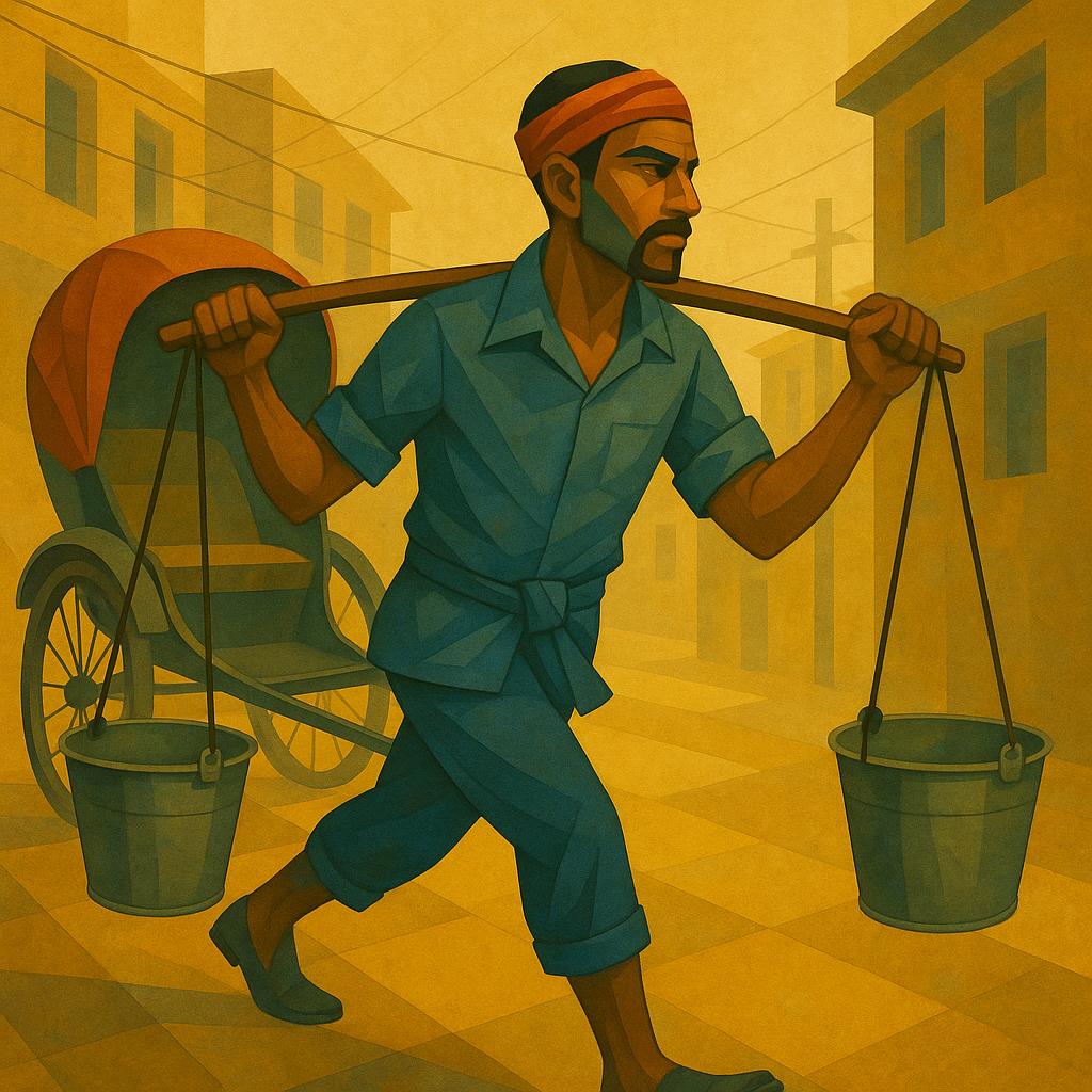 Cubist Rickshaw Puller in Urban Setting